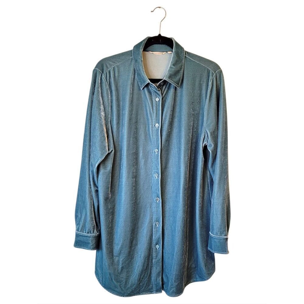 Soft Surroundings Teal Blue Velvet Button-Down Shirt Women's Size M